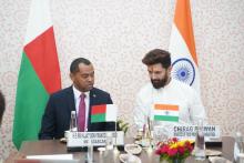 Union Minister of #MOFPI Shri Chirag Paswan had a G2G interaction with H.E. Mr Hajarison Francois Sergio  of Madagascar, on the sidelines of @worldfoodindia and discussed the potential areas of collaborations in the trade and food processing sector. 