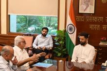 Union Minister of #MOFPI Shri Chirag Paswan  held a meeting with a delegation of the Irradiation Industries Association of India at Panchsheel Bhawan, New Delhi, today. During the meeting, discussions focused on the advancements in food irradiation technology and its potential benefits for the #foodprocessing sector.