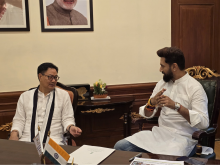 Union Minister of Parliamentary Affairs and Minority Affairs Shri Kiren Rijiju visited Panchsheel Bhawan, New Delhi, today to express his gratitude to all officers and staff members for their support during his tenure as Union Minister of #MOFPI. He was warmly received by Union Minister of Food Processing Industries Shri Chirag Paswan.